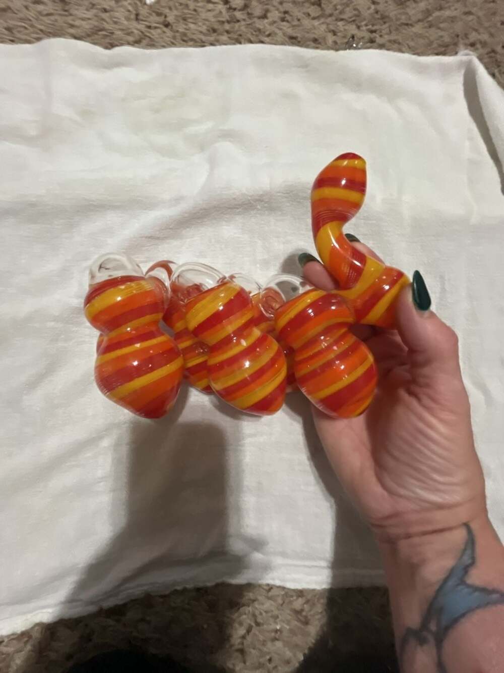 Multi Chamber Handblown Borosilicate Glass Bubbler PieceRed and Orange Striped